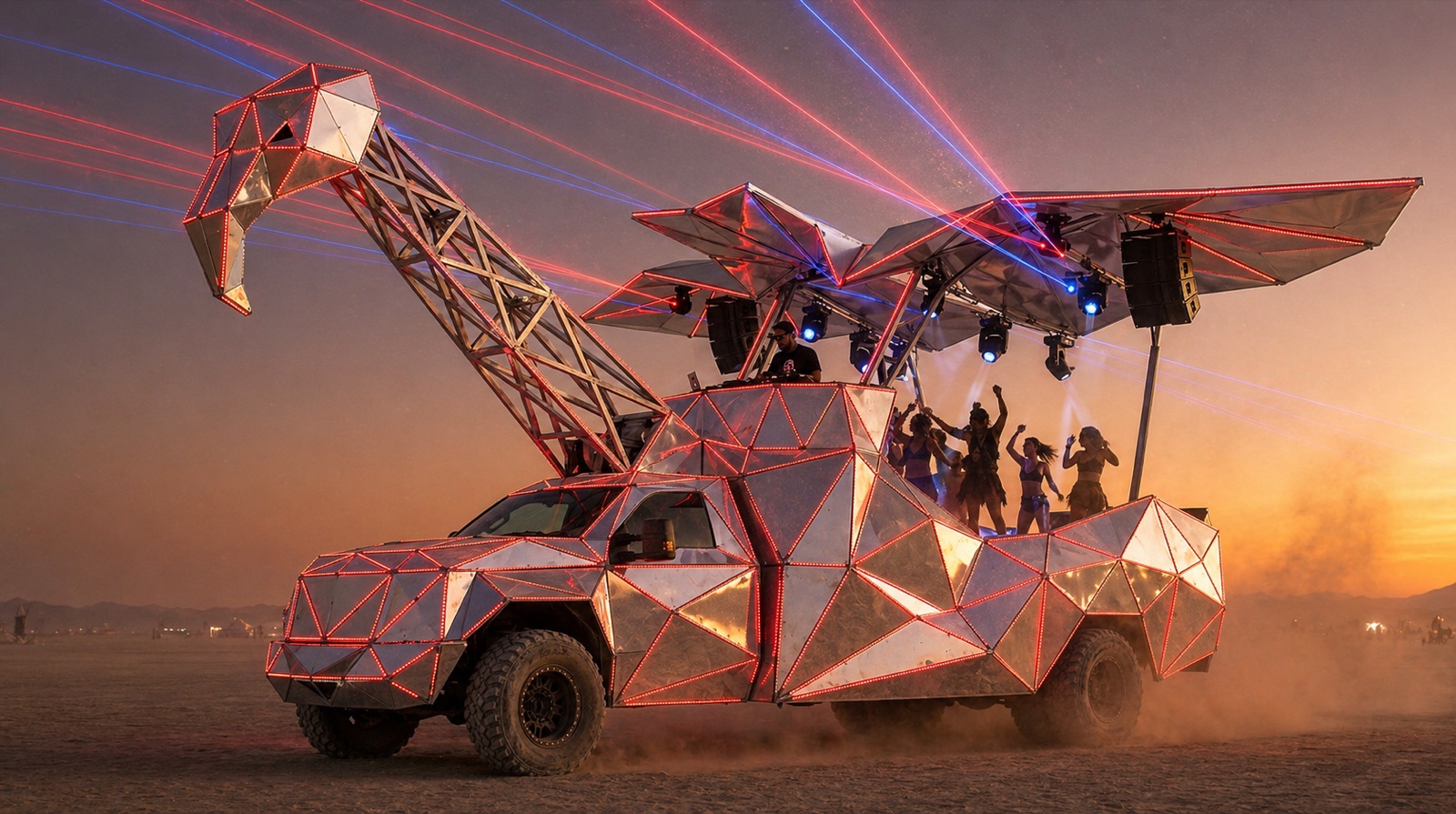 Prism Heron art car — a faceted red-crowned crane on a Dodge Ram 3500 at golden dusk on the playa