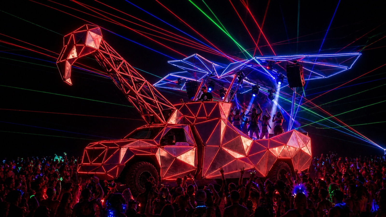 Prism Heron at night — glowing red wireframe, blue-white wing edges and RGB laser beams over a Black Rock City crowd